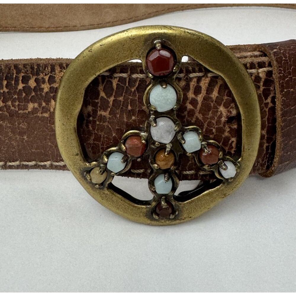 LUCKY Women's Brown Leather Peace Stones Rock Buckle Sz 30 belt "M " Boho Hippie
